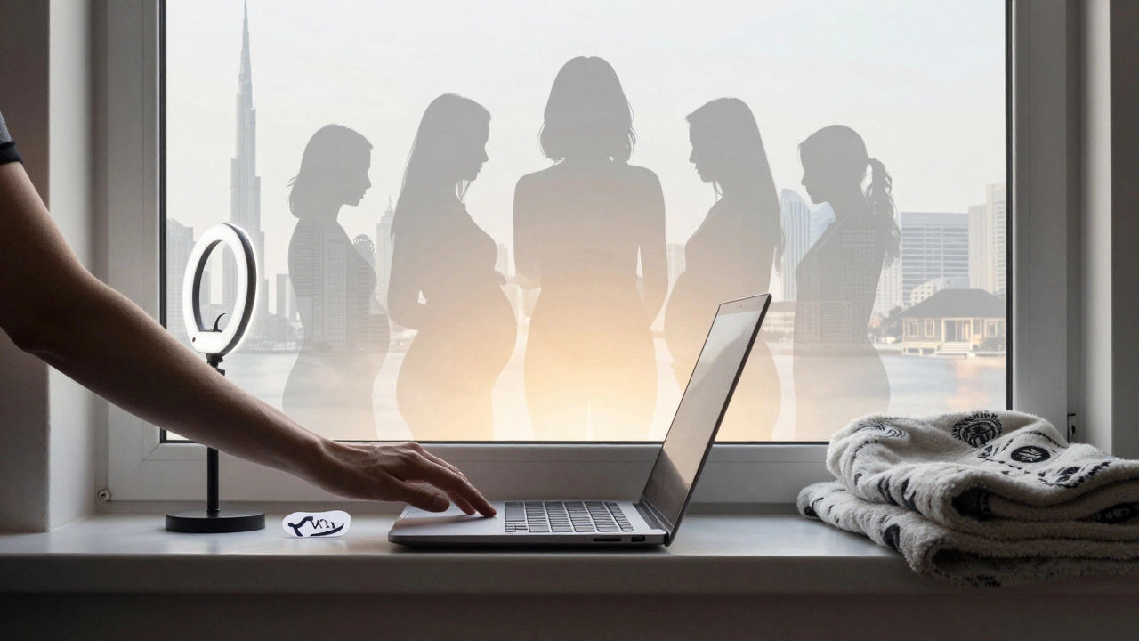 A laptop, ring light, and blanket rest on a windowsill with faint silhouettes of five women behind.