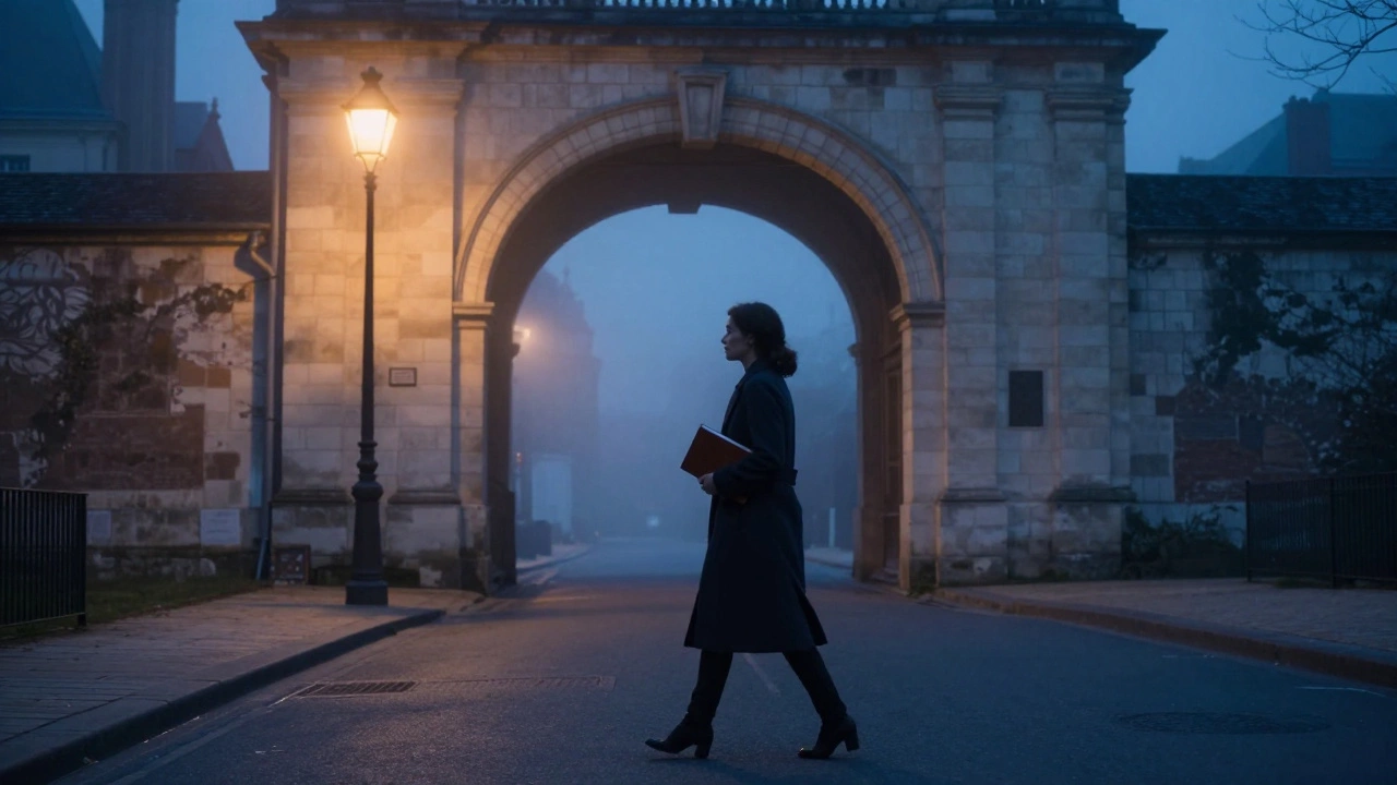 A woman walking alone through misty medieval streets of Dijon at dusk near the castle entrance.