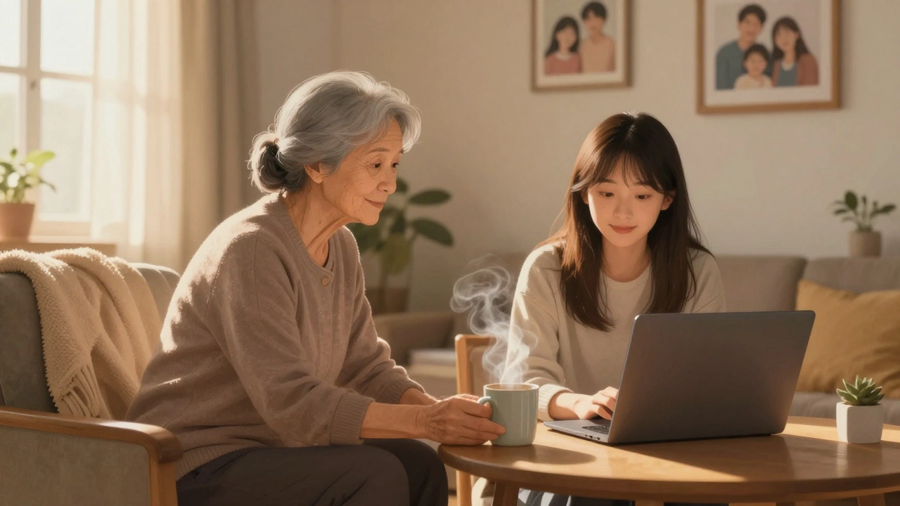 An elderly woman sits beside her daughter working on a laptop, a familiar blanket nearby in a sunlit room.