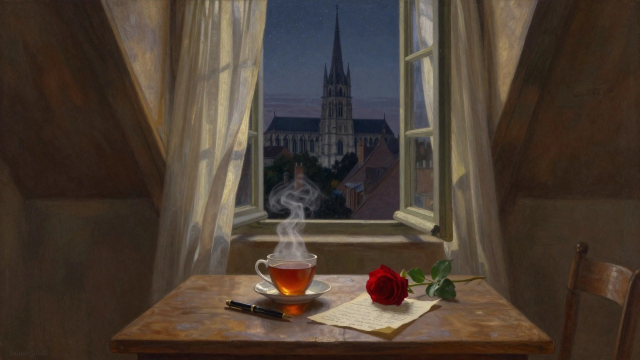 An empty attic apartment window with tea, a rose, and a pen beside a letter under starlight.